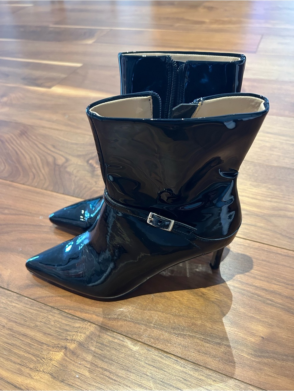 Saks Fifth Avenue Black Patent Pointed Ankle Boots with Buckle